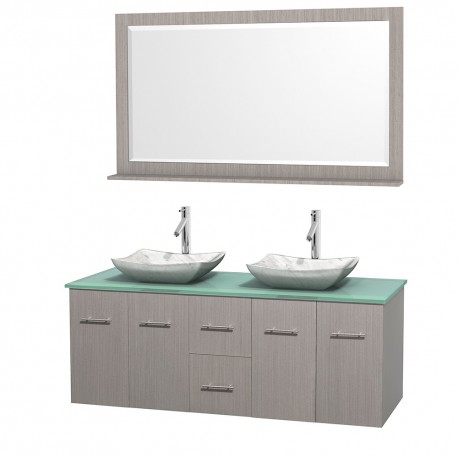 60 inch Double Bathroom Vanity in Gray Oak, Green Glass Countertop, Avalon White Carrera Marble Sinks, and 58 inch Mirror