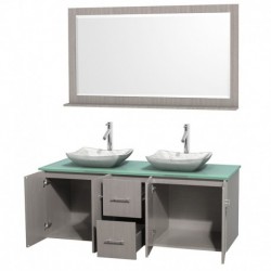 60 inch Double Bathroom Vanity in Gray Oak, Green Glass Countertop, Avalon White Carrera Marble Sinks, and 58 inch Mirror