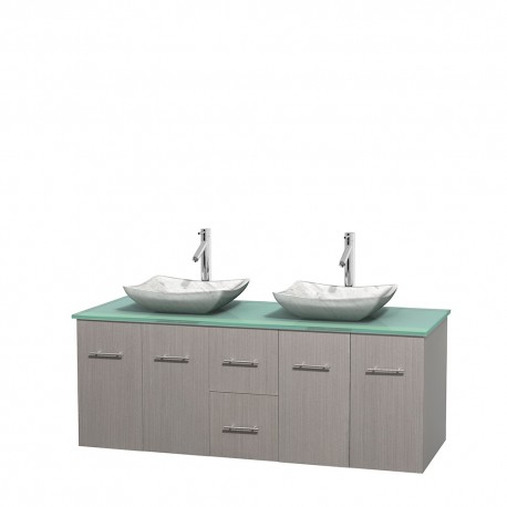 60 inch Double Bathroom Vanity in Gray Oak, Green Glass Countertop, Avalon White Carrera Marble Sinks, and No Mirror