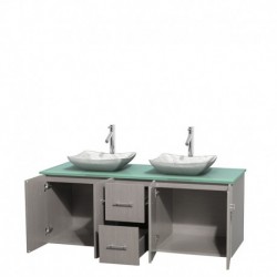60 inch Double Bathroom Vanity in Gray Oak, Green Glass Countertop, Avalon White Carrera Marble Sinks, and No Mirror