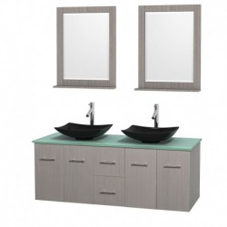 60 inch Double Bathroom Vanity in Gray Oak, Green Glass Countertop, Arista Black Granite Sinks, and 24 inch Mirrors