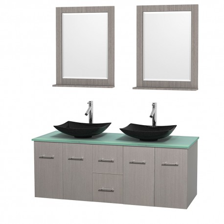 60 inch Double Bathroom Vanity in Gray Oak, Green Glass Countertop, Arista Black Granite Sinks, and 24 inch Mirrors