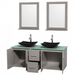60 inch Double Bathroom Vanity in Gray Oak, Green Glass Countertop, Arista Black Granite Sinks, and 24 inch Mirrors