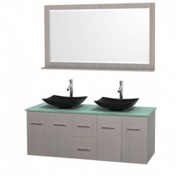 60 inch Double Bathroom Vanity in Gray Oak, Green Glass Countertop, Arista Black Granite Sinks, and 58 inch Mirror