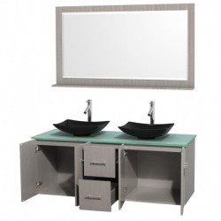 60 inch Double Bathroom Vanity in Gray Oak, Green Glass Countertop, Arista Black Granite Sinks, and 58 inch Mirror