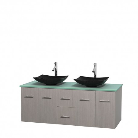60 inch Double Bathroom Vanity in Gray Oak, Green Glass Countertop, Arista Black Granite Sinks, and No Mirror