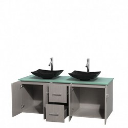 60 inch Double Bathroom Vanity in Gray Oak, Green Glass Countertop, Arista Black Granite Sinks, and No Mirror
