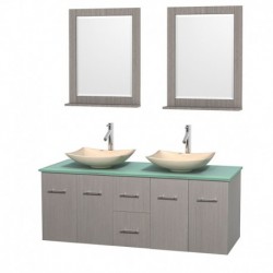 60 inch Double Bathroom Vanity in Gray Oak, Green Glass Countertop, Arista Ivory Marble Sinks, and 24 inch Mirrors