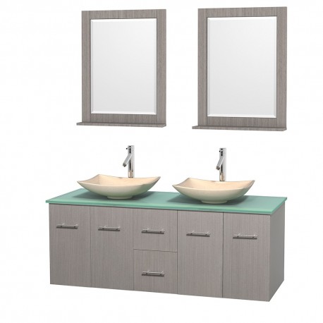 60 inch Double Bathroom Vanity in Gray Oak, Green Glass Countertop, Arista Ivory Marble Sinks, and 24 inch Mirrors