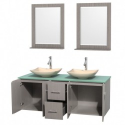 60 inch Double Bathroom Vanity in Gray Oak, Green Glass Countertop, Arista Ivory Marble Sinks, and 24 inch Mirrors