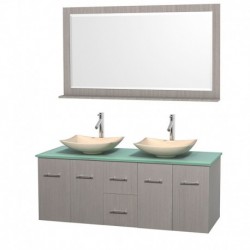 60 inch Double Bathroom Vanity in Gray Oak, Green Glass Countertop, Arista Ivory Marble Sinks, and 58 inch Mirror