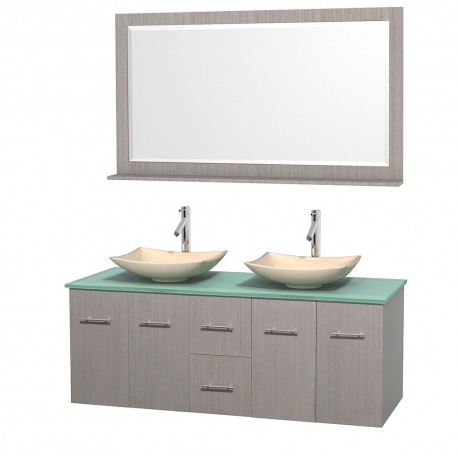 60 inch Double Bathroom Vanity in Gray Oak, Green Glass Countertop, Arista Ivory Marble Sinks, and 58 inch Mirror