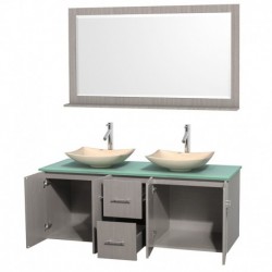 60 inch Double Bathroom Vanity in Gray Oak, Green Glass Countertop, Arista Ivory Marble Sinks, and 58 inch Mirror