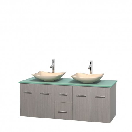 60 inch Double Bathroom Vanity in Gray Oak, Green Glass Countertop, Arista Ivory Marble Sinks, and No Mirror