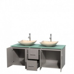 60 inch Double Bathroom Vanity in Gray Oak, Green Glass Countertop, Arista Ivory Marble Sinks, and No Mirror