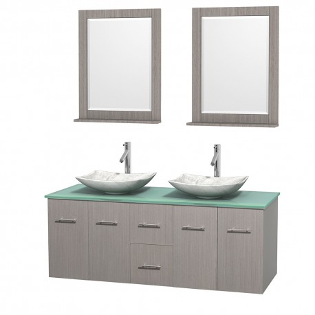 60 inch Double Bathroom Vanity in Gray Oak, Green Glass Countertop, Arista White Carrera Marble Sinks, and 24 inch Mirrors