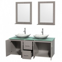 60 inch Double Bathroom Vanity in Gray Oak, Green Glass Countertop, Arista White Carrera Marble Sinks, and 24 inch Mirrors