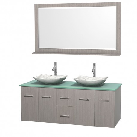 60 inch Double Bathroom Vanity in Gray Oak, Green Glass Countertop, Arista White Carrera Marble Sinks, and 58 inch Mirror