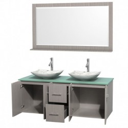 60 inch Double Bathroom Vanity in Gray Oak, Green Glass Countertop, Arista White Carrera Marble Sinks, and 58 inch Mirror