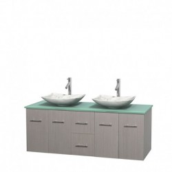 60 inch Double Bathroom Vanity in Gray Oak, Green Glass Countertop, Arista White Carrera Marble Sinks, and No Mirror