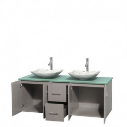 60 inch Double Bathroom Vanity in Gray Oak, Green Glass Countertop, Arista White Carrera Marble Sinks, and No Mirror