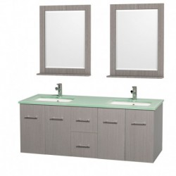 60 inch Double Bathroom Vanity in Gray Oak, Green Glass Countertop, Undermount Square Sink, and 24 inch Mirrors