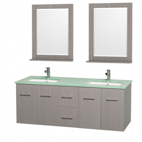 60 inch Double Bathroom Vanity in Gray Oak, Green Glass Countertop, Undermount Square Sink, and 24 inch Mirrors