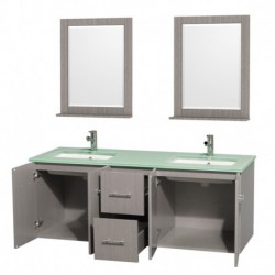 60 inch Double Bathroom Vanity in Gray Oak, Green Glass Countertop, Undermount Square Sink, and 24 inch Mirrors