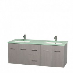 60 inch Double Bathroom Vanity in Gray Oak, Green Glass Countertop, Undermount Square Sinks, and No Mirror