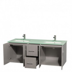 60 inch Double Bathroom Vanity in Gray Oak, Green Glass Countertop, Undermount Square Sinks, and No Mirror