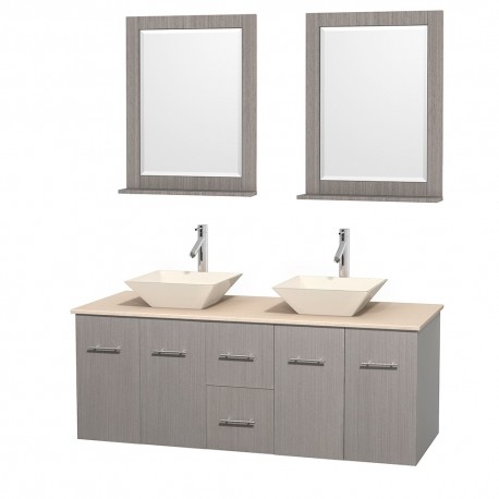 60 inch Double Bathroom Vanity in Gray Oak, Ivory Marble Countertop, Pyra Bone Porcelain Sinks, and 24 inch Mirrors