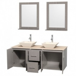 60 inch Double Bathroom Vanity in Gray Oak, Ivory Marble Countertop, Pyra Bone Porcelain Sinks, and 24 inch Mirrors