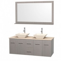 60 inch Double Bathroom Vanity in Gray Oak, Ivory Marble Countertop, Pyra Bone Porcelain Sinks, and 58 inch Mirror