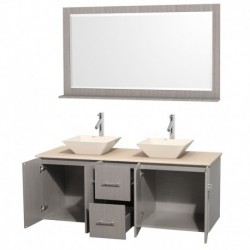 60 inch Double Bathroom Vanity in Gray Oak, Ivory Marble Countertop, Pyra Bone Porcelain Sinks, and 58 inch Mirror