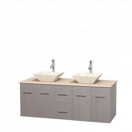 60 inch Double Bathroom Vanity in Gray Oak, Ivory Marble Countertop, Pyra Bone Porcelain Sinks, and No Mirror