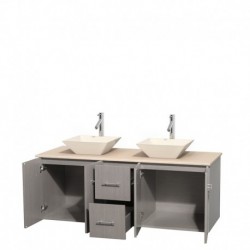 60 inch Double Bathroom Vanity in Gray Oak, Ivory Marble Countertop, Pyra Bone Porcelain Sinks, and No Mirror