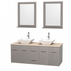 60 inch Double Bathroom Vanity in Gray Oak, Ivory Marble Countertop, Pyra White Porcelain Sinks, and 24 inch Mirrors
