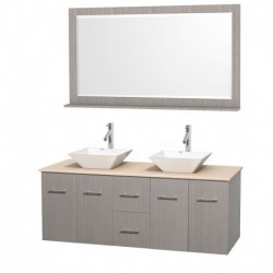 60 inch Double Bathroom Vanity in Gray Oak, Ivory Marble Countertop, Pyra White Porcelain Sinks, and 58 inch Mirror