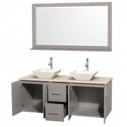 60 inch Double Bathroom Vanity in Gray Oak, Ivory Marble Countertop, Pyra White Porcelain Sinks, and 58 inch Mirror