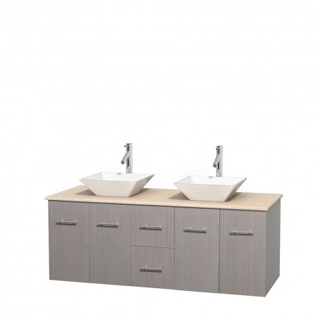 60 inch Double Bathroom Vanity in Gray Oak, Ivory Marble Countertop, Pyra White Porcelain Sinks, and No Mirror