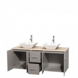 60 inch Double Bathroom Vanity in Gray Oak, Ivory Marble Countertop, Pyra White Porcelain Sinks, and No Mirror