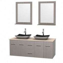 60 inch Double Bathroom Vanity in Gray Oak, Ivory Marble Countertop, Altair Black Granite Sinks, and 24 inch Mirrors