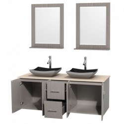 60 inch Double Bathroom Vanity in Gray Oak, Ivory Marble Countertop, Altair Black Granite Sinks, and 24 inch Mirrors