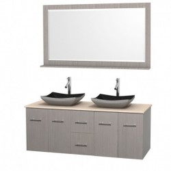 60 inch Double Bathroom Vanity in Gray Oak, Ivory Marble Countertop, Altair Black Granite Sinks, and 58 inch Mirror