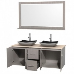 60 inch Double Bathroom Vanity in Gray Oak, Ivory Marble Countertop, Altair Black Granite Sinks, and 58 inch Mirror