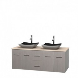 60 inch Double Bathroom Vanity in Gray Oak, Ivory Marble Countertop, Altair Black Granite Sinks, and No Mirror