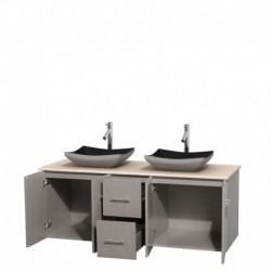 60 inch Double Bathroom Vanity in Gray Oak, Ivory Marble Countertop, Altair Black Granite Sinks, and No Mirror