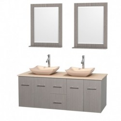 60 inch Double Bathroom Vanity in Gray Oak, Ivory Marble Countertop, Avalon Ivory Marble Sinks, and 24 inch Mirrors