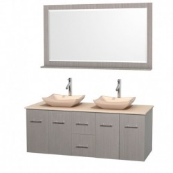 60 inch Double Bathroom Vanity in Gray Oak, Ivory Marble Countertop, Avalon Ivory Marble Sinks, and 58 inch Mirror