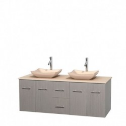 60 inch Double Bathroom Vanity in Gray Oak, Ivory Marble Countertop, Avalon Ivory Marble Sinks, and No Mirror